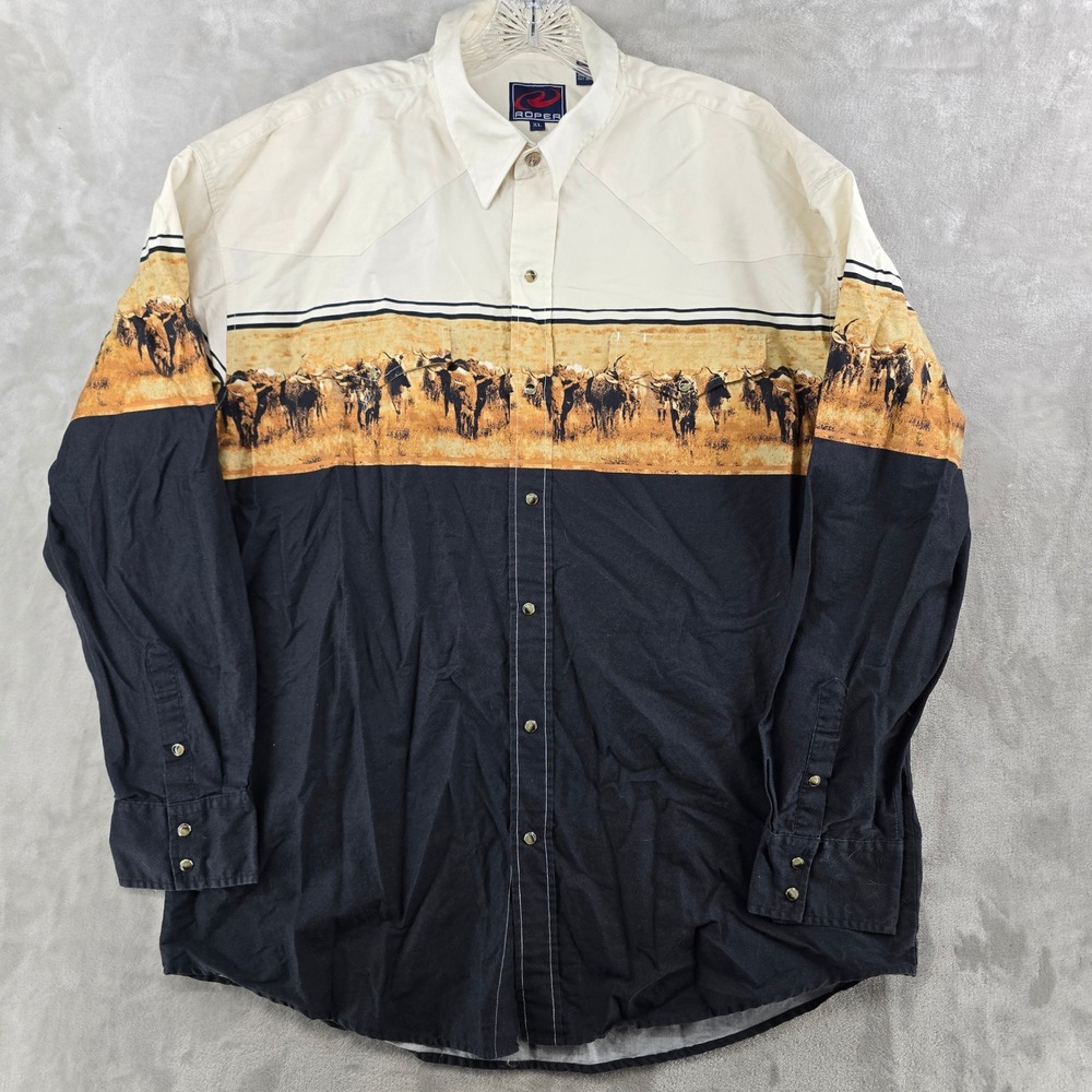 VINTAGE Roper Western Shirt Mens XL Black Cream Longhorn Cattle Print Pearl Snap